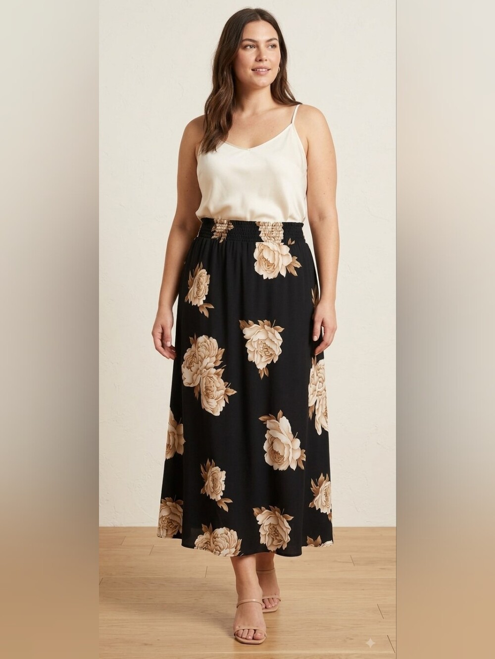 Boho Floral Smoked Waist Black Maxi Skirt Cream Floral Print.    SK 9